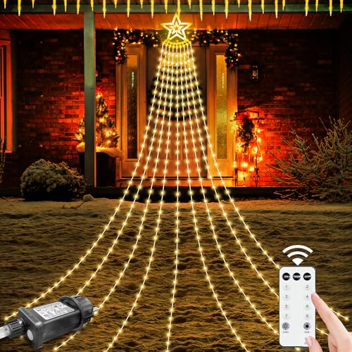 HELESIN Weihnachtsbeleuchtung Außen, 350 LED 9 Girlanden Lichterkette Weihnachtsbaum mit Sterne 8 Modi Timer Wasserdicht Christbaumbeleuchtung Außen für Tannenbaum, Weihnachten Party Deko Warmweiß von HELESIN