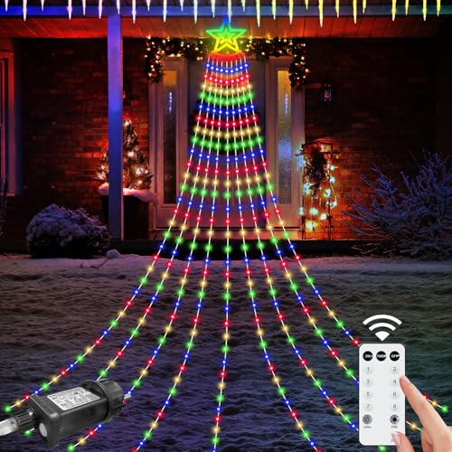 HELESIN Weihnachtsbeleuchtung Außen, 350 LED 9 Girlanden Lichterkette Weihnachtsbaum mit Sterne 8 Modi Timer Wasserdicht Christbaumbeleuchtung Außen für Tannenbaum, Weihnachten Party Deko Bunt von HELESIN