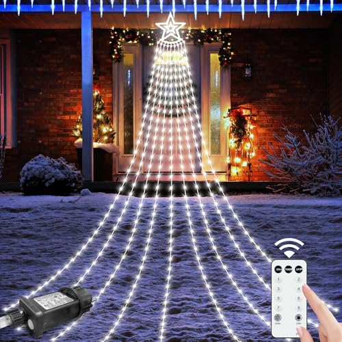 HELESIN Weihnachtsbeleuchtung Außen, 350 LED 9 Girlanden Lichterkette Weihnachtsbaum mit Sterne 8 Modi Timer Wasserdicht Christbaumbeleuchtung Außen für Tannenbaum, Weihnachten Party Deko Weiß von HELESIN