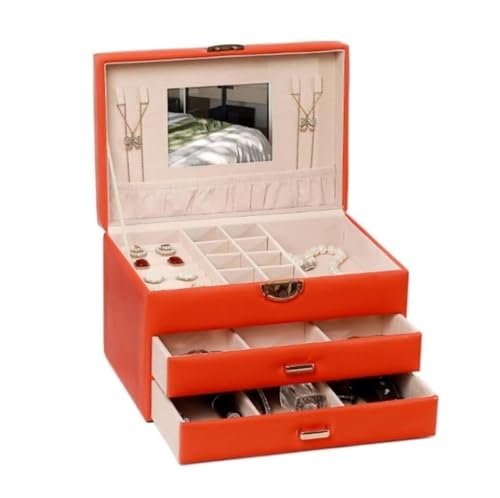 HELGN Schmuckschatullen 3-lagige Schmuckschatulle, Organizer, Aufbewahrung, Schmuck-Display-Box, PU-Leder, Schmuckhalter for Ohrringe, Ringe, Halsketten, Armbänder Mutter(Orange) von HELGN