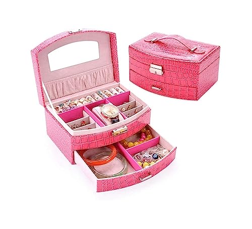 HELGN Schmuckschatullen Aufbewahrungsvitrine mit Schloss und Griff, Reise-Schmuck-Organizer-Box mit hoher Kapazität, Organizer for Armbänder und Halsketten Mutter(Pink) von HELGN