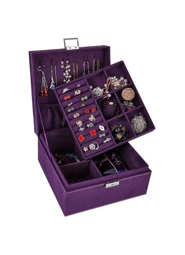 HELGN Schmuckschatullen Schmuck-Organizer-Box mit Schloss, Schmuckhalter, Display, Aufbewahrungskoffer, Schmucketui for Frauen und Mädchen (schwarz), Schmuck-Organizer Mutter(Purple) von HELGN