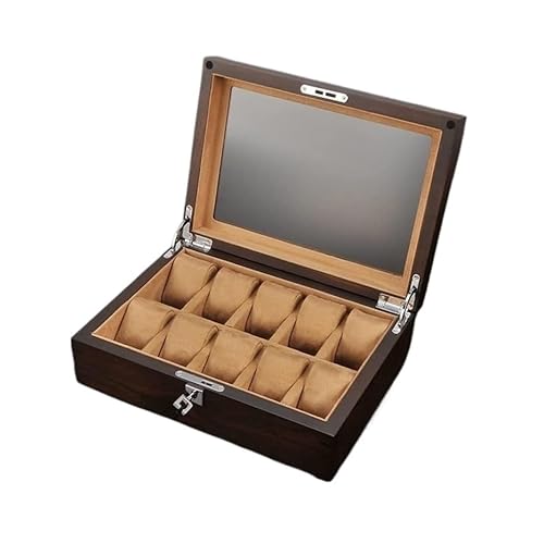 HELGN Schmuckschatullen Schmuckschatulle aus Holz mit 10 Fächern, mit Schlüssel und Glasplatte, Aufbewahrungsbox for Schmuck, Organizer, Displaybox for Männer und Frauen Mutter von HELGN