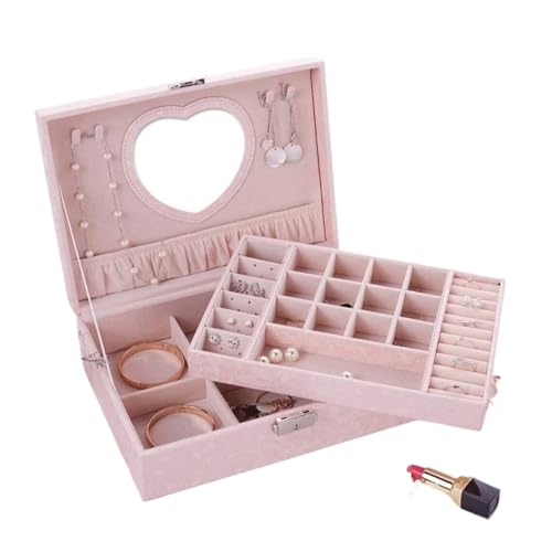 HELGN Schmuckschatullen Schmuckschatulle aus Leder for Damen mit herzförmigem Spiegel, 2-lagig, große Schmuckschatulle mit Blattmuster, Schmuck-Organizer-Box/-Etui Mutter(Pink) von HELGN