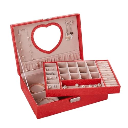 HELGN Schmuckschatullen Schmuckschatulle aus Leder for Damen mit herzförmigem Spiegel, 2-lagig, große Schmuckschatulle mit Blattmuster, Schmuck-Organizer-Box/-Etui Mutter(Red) von HELGN