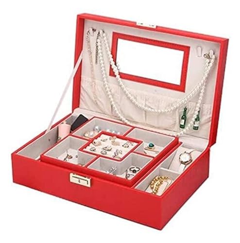 HELGN Schmuckschatullen Schmuckschatulle aus Leder mit Schloss, Organizer-Box, doppellagig, mit Halskettenaufhängern, Spiegel, Schmuckhalter Mutter(Red) von HELGN