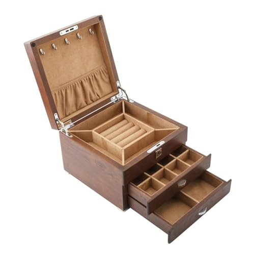 HELGN Schmuckschatullen Schmuckschatulle aus Massivholz, 3-lagig, Schmuckschatulle mit 2 Schubladen, Schmuck-Organizer-Box for Ohrringe, Armreif, Halsketten, Schmucketui Mutter von HELGN