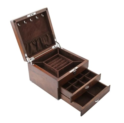 HELGN Schmuckschatullen Schmuckschatulle aus Massivholz, 3-lagig, mit 2 Schubladen, Schmuck-Organizer-Box for Schmuckhalter for Ohrringe, Armreifen, Armbänder, Halsketten Mutter von HELGN