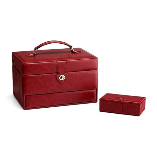 HELGN Schmuckschatullen Schmuckschatulle aus PU-Leder, Vintage-Schmucketui, abschließbar, Schmuck-Organizer for Damen, Schmuck-Aufbewahrungsbox, Schmuckhalter Mutter(Red) von HELGN