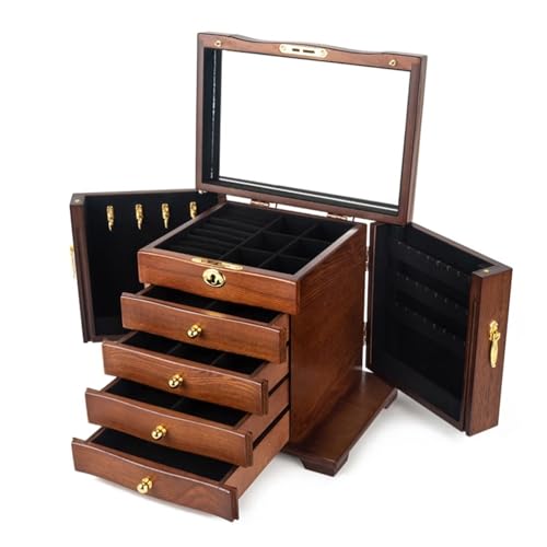 HELGN Schmuckschatullen Schmuckschatulle mit 4 Schubladen, Hartholz, großer Schmuck-Organizer aus Holz mit Spiegel und Schloss, Schmuckschatulle zur Aufbewahrung als Geschenk for Frauen Mutter(Brown) von HELGN