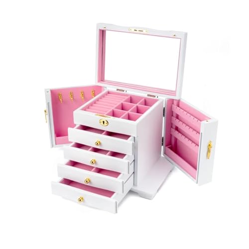 HELGN Schmuckschatullen Schmuckschatulle mit 4 Schubladen, Hartholz, großer Schmuck-Organizer aus Holz mit Spiegel und Schloss, Schmuckschatulle zur Aufbewahrung als Geschenk for Frauen Mutter(Blanc) von HELGN