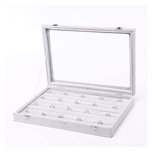 HELGN Schmuckschatullen Tablett mit Glasdeckel, grau/schwarz, Schmuck-Organizer-Box, Schmuckvitrine for Ohrringe, Ringe, Halsketten Mutter(Grey) von HELGN