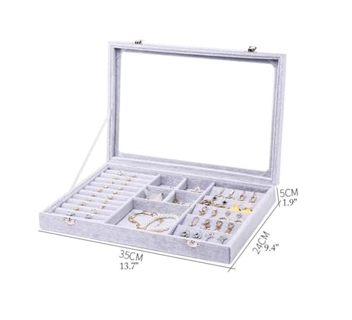 HELGN Schmuckschatullen Tablett mit Glasdeckel, grau/schwarz, Schmuck-Organizer-Box, Schmuckvitrine for Ohrringe, Ringe, Halsketten Mutter(Grey) von HELGN