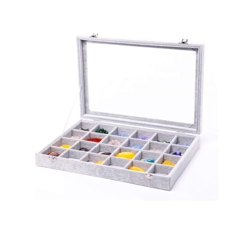 HELGN Schmuckschatullen Tablett mit Glasdeckel, grau/schwarz, Schmuck-Organizer-Box, Schmuckvitrine for Ohrringe, Ringe, Halsketten Mutter(Grey) von HELGN