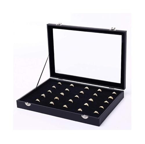 HELGN Schmuckschatullen Tablett mit Glasdeckel, grau/schwarz, Schmuck-Organizer-Box, Schmuckvitrine for Ohrringe, Ringe, Halsketten Mutter(Noir) von HELGN