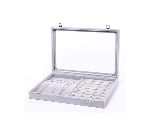 HELGN Schmuckschatullen Tablett mit Glasdeckel, grau/schwarz, Schmuck-Organizer-Box, Schmuckvitrine for Ohrringe, Ringe, Halsketten Mutter von HELGN