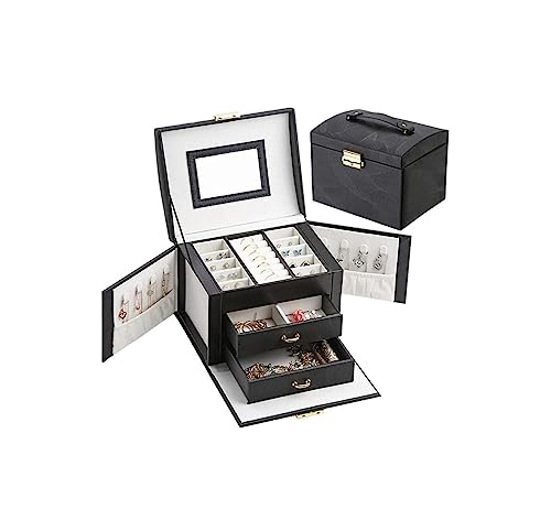 HELGN Schmuckschatullen Tragbare Schmuckschatulle aus seidengenarbtem Leder mit 2 Schubladen, Schmuck-Organizer mit Schloss, großer Schrank, Geschenkbox, rosa Schmuck-Organizer Mutter(Noir) von HELGN