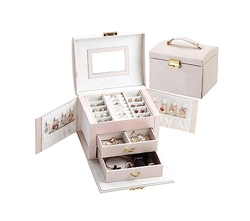 HELGN Schmuckschatullen Tragbare Schmuckschatulle aus seidengenarbtem Leder mit 2 Schubladen, Schmuck-Organizer mit Schloss, großer Schrank, Geschenkbox, rosa Schmuck-Organizer Mutter(Pink) von HELGN