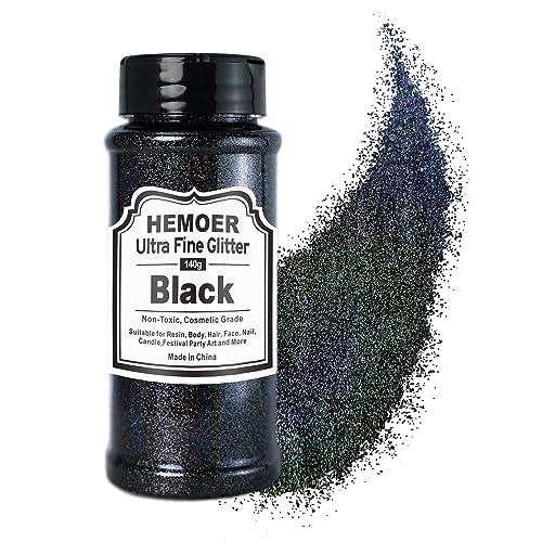 HEMOER Schwarz Glitzerpulver, 140g Bastel Glitzerpulver für Epoxidharz, DIY Basteln, Feine Handwerk Glitter für Tumbler Malerei Kerze Herstellung; Kosmetischer Glitzer, Haare, Körper Nagel Glitzer von HEMOER