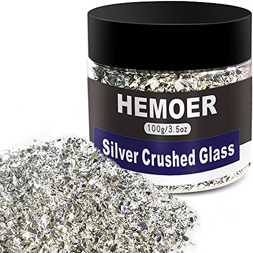 HEMOER Silber Zerkleinertem Glas Glitzer für Epoxidharz, 100g 2-4mm Unregelmäßigen klobig Glitzer, für Epoxidharz Füllstoff, Basteln, Vasenfüllung, Dekoration Herstellung von HEMOER