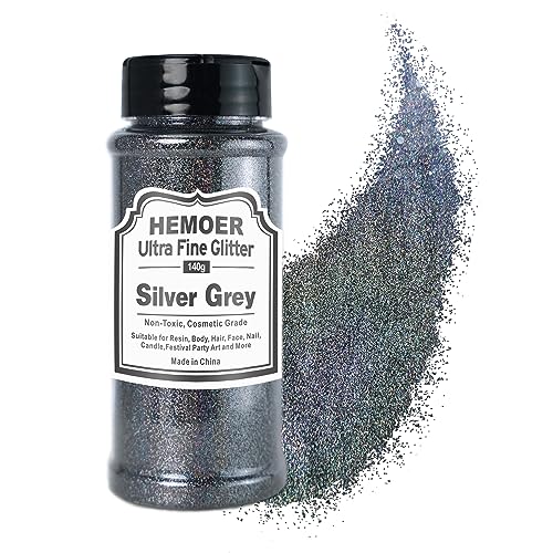 HEMOER Silbergrau Glitzerpulver, 140g Bastel Glitzerpulver für Epoxidharz, DIY Basteln, Feine Handwerk Glitter für Tumbler Malerei Kerze Herstellung; Kosmetischer Glitzer, Haare, Körper Nagel Glitzer von HEMOER