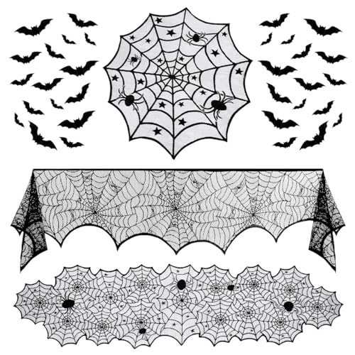 HEMOTON 35Pcs Halloween Deko Schwarze Spiderweb Spitze Tischdecke Langlebig Exquisite Halloween Dekoration Set Party Wohnzimmer Esszimmer Kamin Schal Kamin Mantel Halloween Tischdeko von HEMOTON