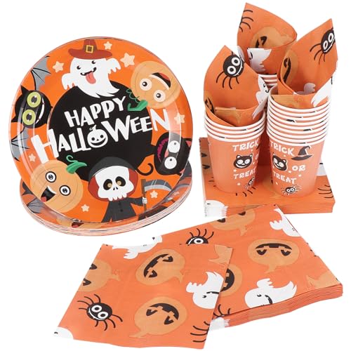 Hemoton Halloween Geschirr 96-teiliges Set , Halloween Partygeschirr Set, Halloween Tischdeko für Kinder, Grusel Party, Garten, Enthalten 24 Tellern, 24 Bechern und 48 Servietten von HEMOTON