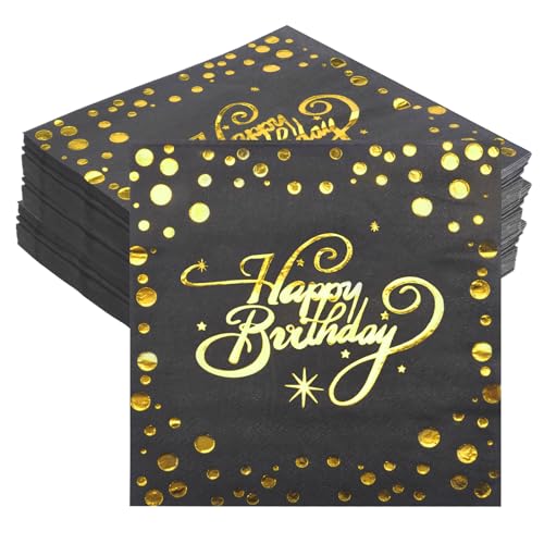 40 Stück Servietten Happy Birthday, Servietten geburtstag, Schwarz Folierte Geburtstagsservietten, Geburtstagsservietten Schwarz Gold für Babyparty Junge Mädchen Geburtstag Party von HENGBIRD