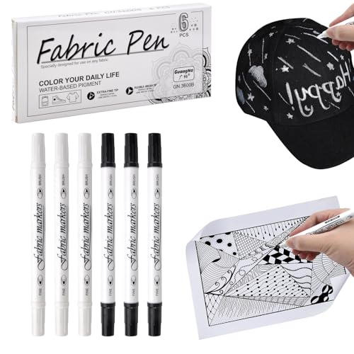 6 Stück Textilstifte Waschmaschinenfest, Dual-Tip-Stoffmarker Permanent, 1-5mm Stoff stifte waschfest Textilmarker, Ungiftige Stoffmalstifte zum Personalisieren von Hemden Taschen (Schwarz und weiß) von HENGBIRD