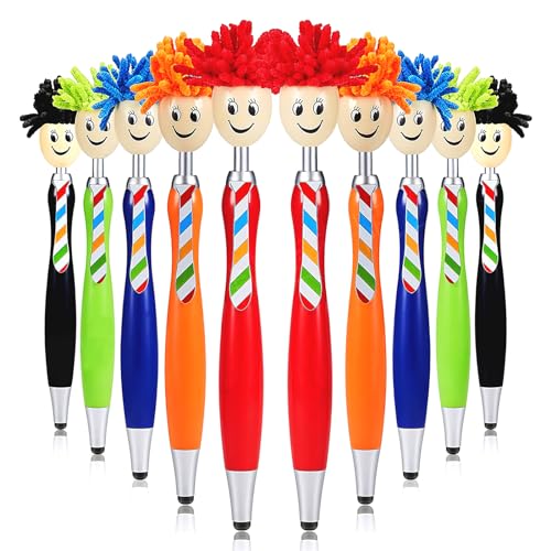 HENGBIRD 10 Stück Kugelschreiber Schwarz,Microfaser Bildschirmreiniger Stifte Mop Head Topper Stifte Lustige Kugelschreiber mit Stylus-Spitzen Lustige Clown Kugelschreiber für Kinder Erwachsene von HENGBIRD