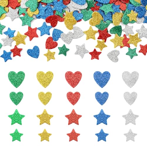 300 Stück Glitzersterne zum Aufkleben, Glitzersticker Sternsticker Moosgummi Sticker, Glitzer Sticker Glitzer Aufkleber Selbstklebende Herz Dekorativer Aufkleber für Wand Sammelalben Grußkarten von HENGBIRD