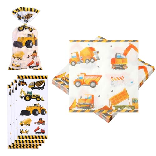 HENGBIRD 40 Stück Bagger Servietten 33 × 33cm Servietten Bagger Traktor Servietten Kindergeburtstag Baustelle Servietten für Geburtstag Partygeschirr Servietten Baustelle mit 50 Bagger-BonbontüTen von HENGBIRD