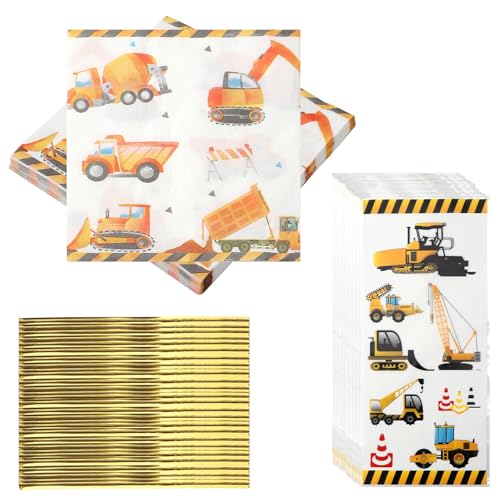 HENGBIRD 40 Stück Bagger Servietten 33 × 33cm Servietten Bagger Traktor Servietten Kindergeburtstag Baustelle Servietten für Geburtstag Partygeschirr Servietten Baustelle mit 50 Bagger-BonbontüTen von HENGBIRD