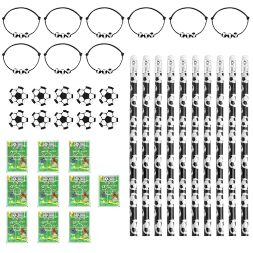 HENGBIRD 40 Stück Mitgebsel Fussball Set Fußball Party Mitgebsel Kinder Fussball Mitgebsel 10 Fußball Flipperspiel 10 Fußball Armbänder 10 Fußball Bleistifte 10 Radiergummi Fussball Jungen Mädchen von HENGBIRD