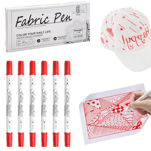 HENGBIRD 6 Stück Textilstifte Waschmaschinenfest, Dual-Tip-Stoffmarker Permanent, 1-5mm Stoff stifte waschfest Textilmarker, Ungiftige Stoffmalstifte zum Personalisieren von Hemden Taschen (Rot) von HENGBIRD