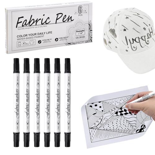 HENGBIRD 6 Stück Textilstifte Waschmaschinenfest, Dual-Tip-Stoffmarker Permanent, 1-5mm Stoff stifte waschfest Textilmarker, Ungiftige Stoffmalstifte zum Personalisieren von Hemden Taschen (Schwarz) von HENGBIRD