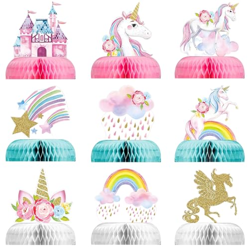 HENGBIRD 9 Stück Einhorn Bienenwabe Einhorn Party Deko 3D Waben Unicorn Regenbogen Honeycomb mittelstücke Papier Herzstück Tischaufsätze Dekoration für Mädchen Geburtstag Thema Party Tischdeko von HENGBIRD