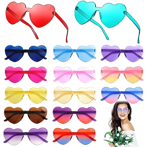 15 Paar Randlose Sonnenbrillen in Herzform,Festival Hippie Brille Damen, Herz Sonnenbrille & Partybrille Set,Lustige Sonnenbrille & Party Brillen für Erwachsenen- und Kinderparty,Regenbogen,Maskerade von HENGBIRD