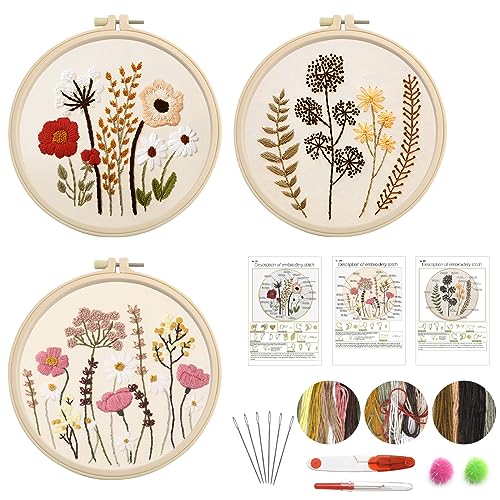 HENGBIRD Stickerei Set Anfänger, Blumenmuster Pflanzen Kreuzstich-Kit Starter Tools mit 3 Stück Stickrahmen, Farbfäden und Werkzeuge, Muster und Anleitung Kreuzstich Kit, für DIY Kunst, Handwerk von HENGBIRD