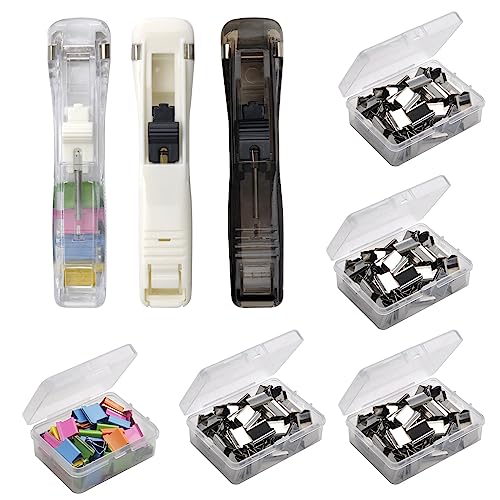 Hefter Clip Dispenser, 3 Stücke Klammernspender Reusable Tragbarer Fast Clam Clip Spender & 250 Edelstahl-Metallklammern, Geeignet für Büro Home Schulbedarf Mini Push Hefter von HENGBIRD