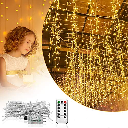 HENGMEI Regentropfen Lichterkette Lichterwand, 5m 200 LED Warmweiß mit Fernbedienung 8 Leuchtmodi IP44 Wasserfest Innen/Außen für zimmer Dekor, Weihnachten, Halloween, HM-VC-HAG3106W von HENGMEI