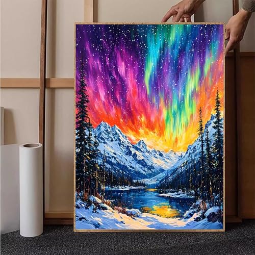 Aurora Diamond Painting XXL (60x80cm), Schneeberg Diamond Painting Erwachsene Bastelset, Diamond Painting Kinder Anfänger Mosaikherstellung Stickerei Kreuzstich Malerei Kits für Deko Wohnzimmer 2-J von HENJGWEG