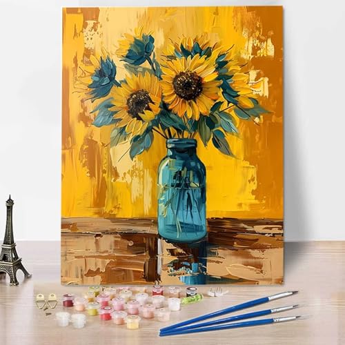 Blume Malen Nach Zahlen ab 5 6 7 Jahre Mädchen Rahmenlos - Malen Nach Zahlen Erwachsene Sonnenblume Malen Nach Zahlen für Kinder Acrylfarben, für kreative Heimdekoration, Geschenk 60x80cm 3-T von HENJGWEG