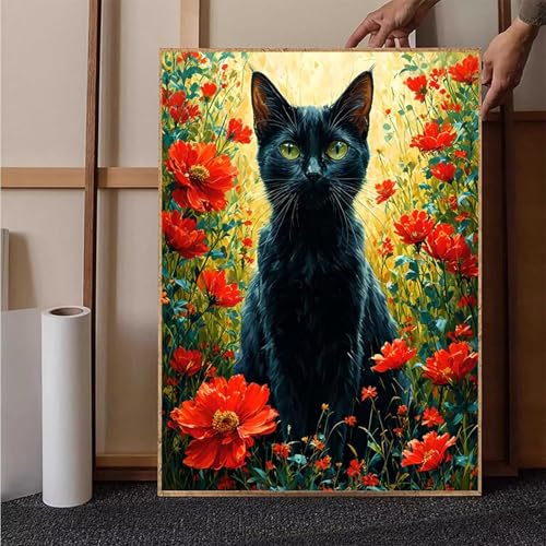 Diamond Painting Blume Crystal Art Katze Diamond Painting Leinwand Bastelset Erwachsene 5D DIY Mosaikherstellung Stickerei Kreuzstich Malerei Kits für Wanddeko, Geschenke für Frauen 50 x 70 cm -h251VQ von HENJGWEG