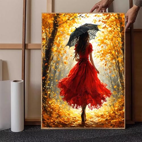 Diamond Painting Gefallene Blätter Crystal Art Frau Diamond Painting Leinwand Bastelset Erwachsene 5D DIY Mosaikherstellung Stickerei Kreuzstich Malerei Kits für Wanddeko, Geschenke 70x95 cm -h251T3 von HENJGWEG