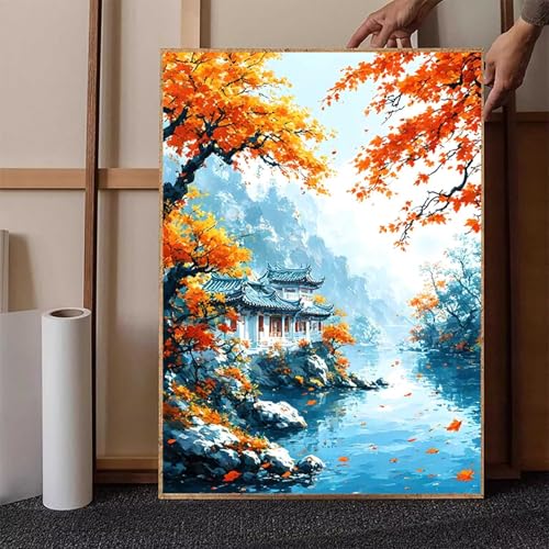 Diamond Painting Herbst Crystal Art Landschaft Diamond Painting Leinwand Bastelset Erwachsene 5D DIY Mosaikherstellung Stickerei Kreuzstich Malerei Kits für Wanddeko, Geschenke (50x70cm) -h251VC von HENJGWEG