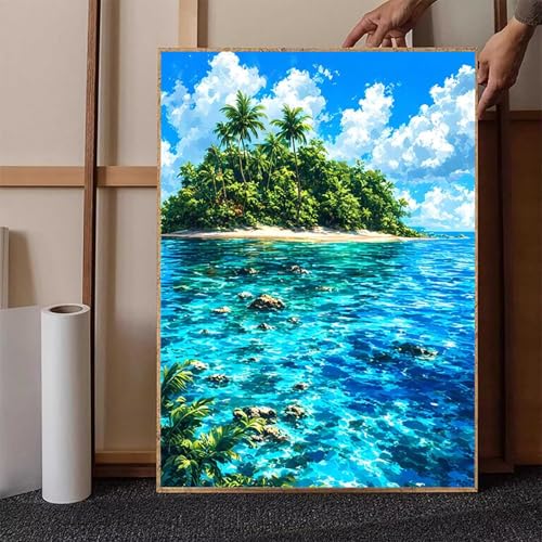 Diamond Painting Insel Crystal Art Landschaft Diamond Painting Leinwand Bastelset Erwachsene 5D DIY Mosaikherstellung Stickerei Kreuzstich Malerei Kits für Wanddeko, Geschenke 70 x 95 cm -h25111 von HENJGWEG