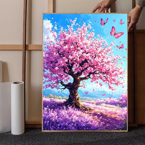 Diamond Painting Kirschblüten Crystal Art Schmetterling Diamond Painting Leinwand Bastelset Erwachsene 5D DIY Mosaikherstellung Stickerei Kreuzstich Malerei Kits für Wanddeko 50x70 cm -h251RAH76 von HENJGWEG