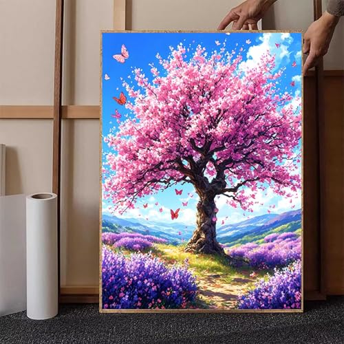 Diamond Painting Kirschblüten Crystal Art Schmetterling Diamond Painting Leinwand Bastelset Erwachsene 5D DIY Mosaikherstellung Stickerei Kreuzstich Malerei Kits für Wanddeko 70 x 95 cm -h251PF von HENJGWEG