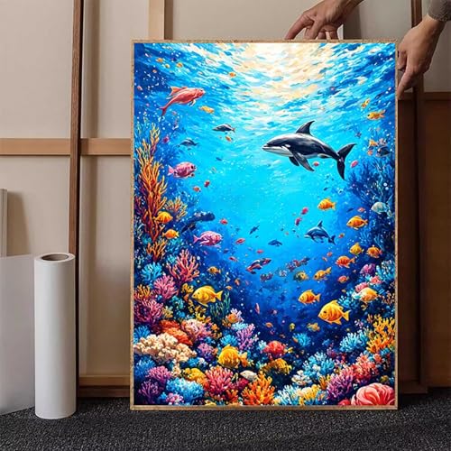 Diamond Painting Meer Diamant Painting Bilder Delphin Diamond Painting Erwachsene Groß XXL, 5D Diamond Painting Eckige Steine Crystal Art Kinder Bastelnset für Wanddeko, Geschenke, 70x95 cm C-4 von HENJGWEG